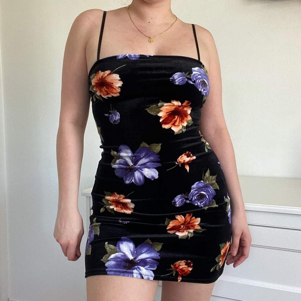 Floral Black Mini Velvet Dress